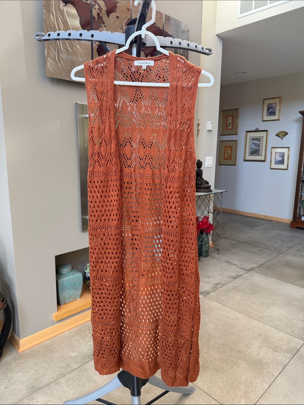 Hooked Up by IOT Open-Knit Maxi Duster Sweater in Rust Orange women size S